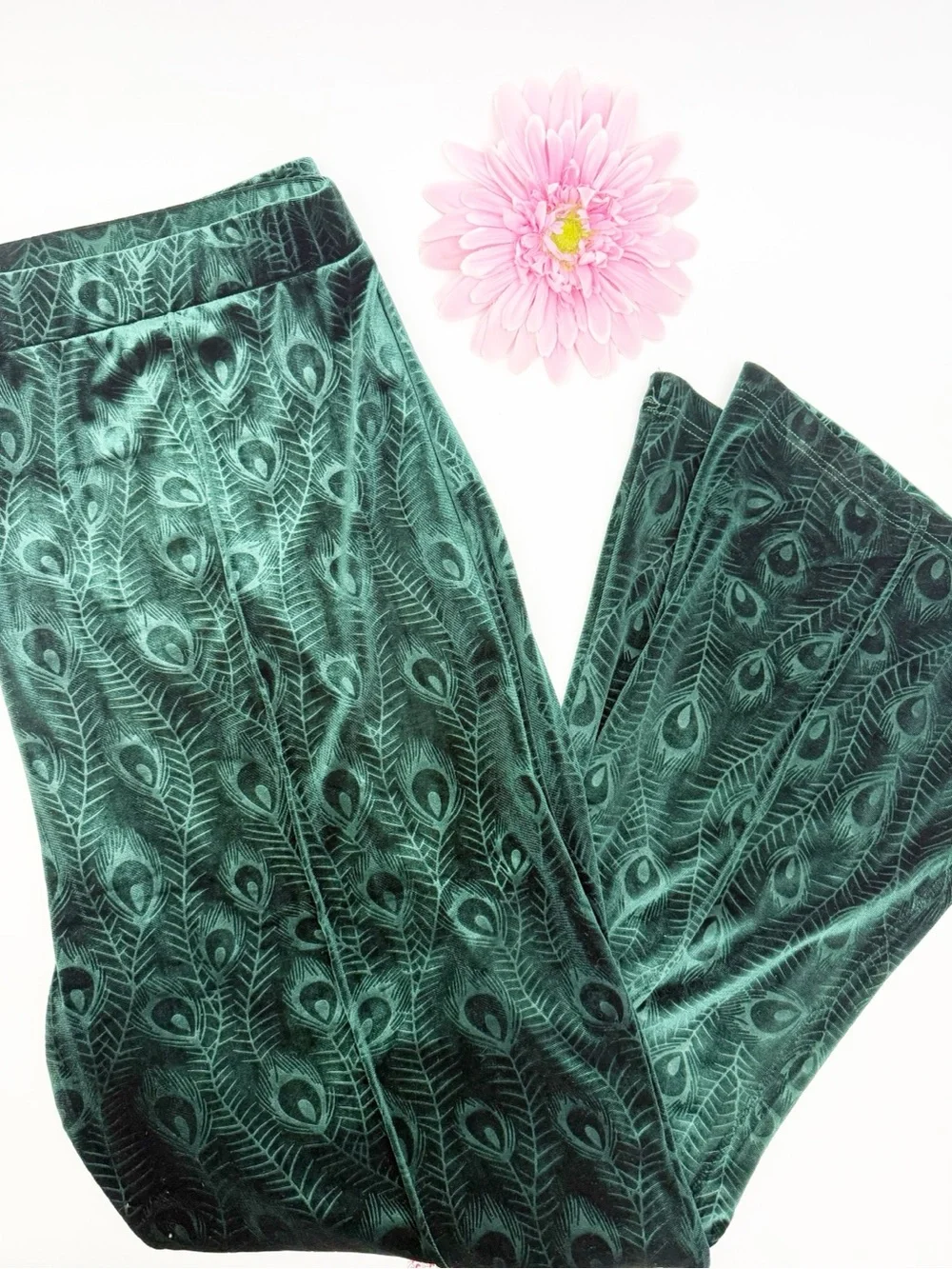 Unique Vintage Green Velvet Two (2) Piece Set Peacock Print Tunic Flare Suit